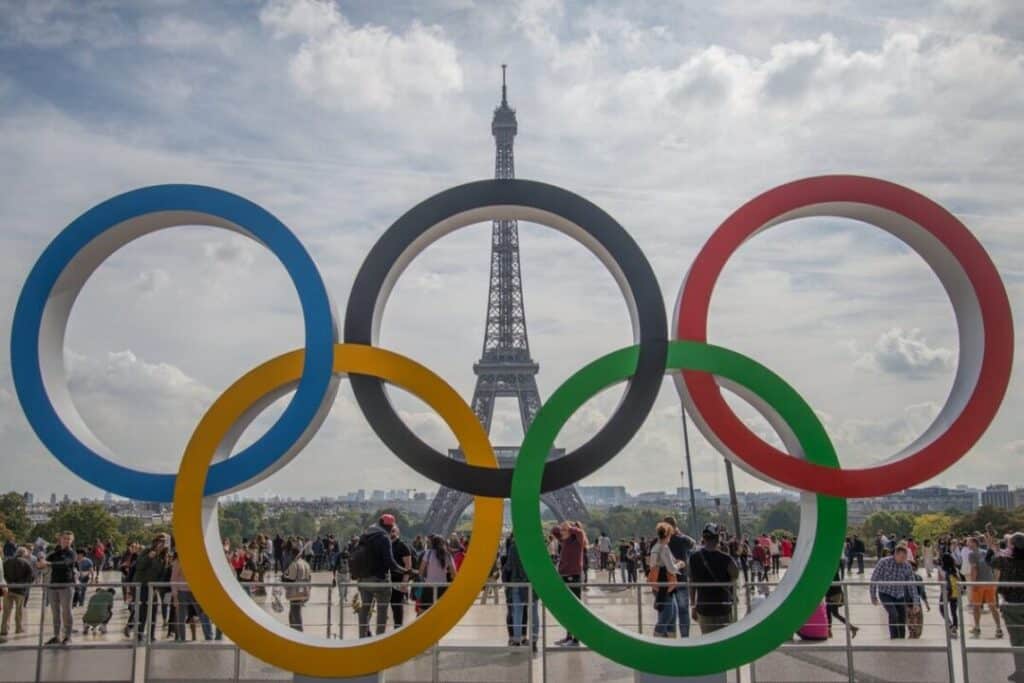 The Olympic Rings being placed in front of the Eiffel Tower in celebration of the French capital won the hosting right for the 2024 summer Olympic Games. (Nicolas Briquet/SOPA Images/LightRocket via Getty Images)